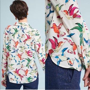 NWT Anthropologie Bird Print Silk Button Down